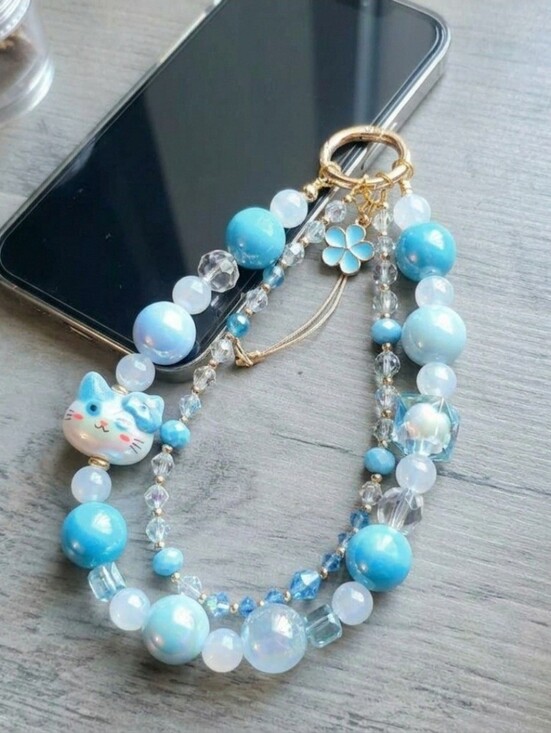 None Accessories - Chunky Blue Cat Charm Beaded Phone Strap Or Bag Charm
